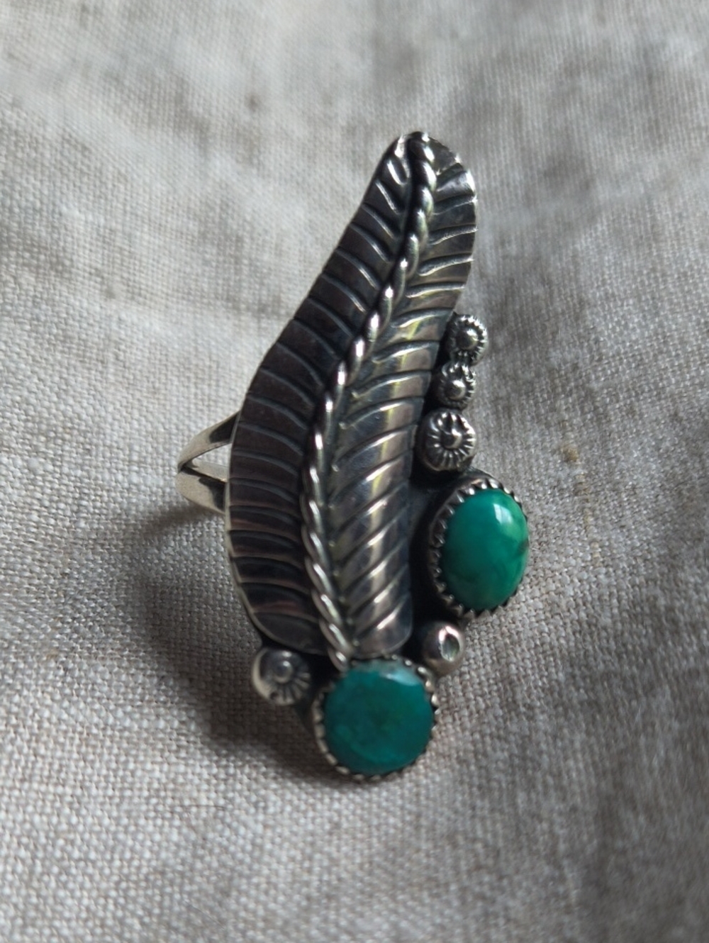 Vintage Sterling Silver Feather Ring with Turquoise Cabochons - Green Size 7